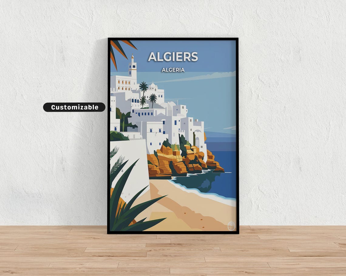 Algiers Algeria Travel Poster White Cliffside Town Beach Seaside Scene