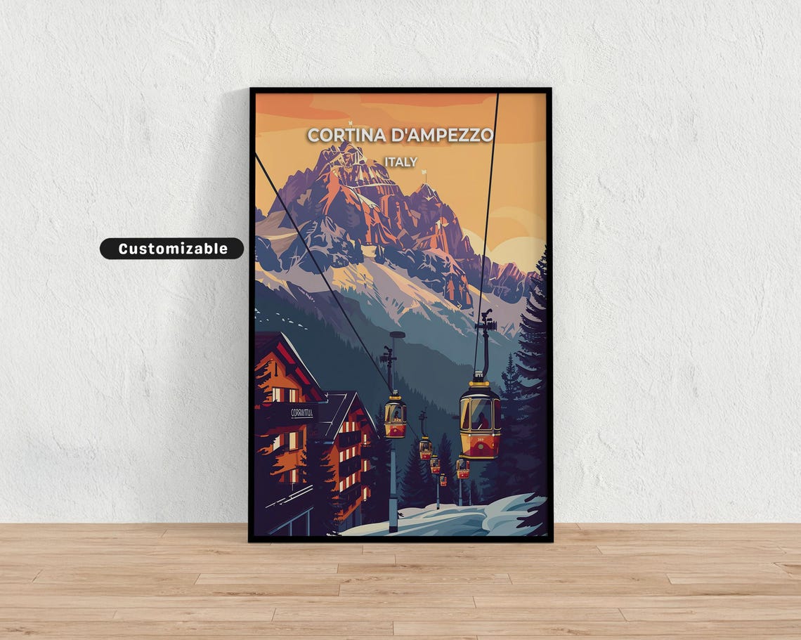 Cortina D Ampezzo Italy Sunset Cable Cars Dolomites Travel Poster