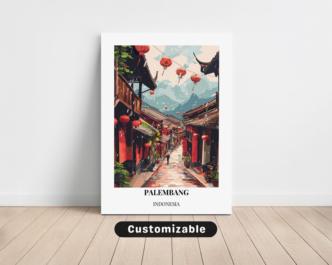 Palembang Indonesia Old Town Red Lanterns Street Travel Poster