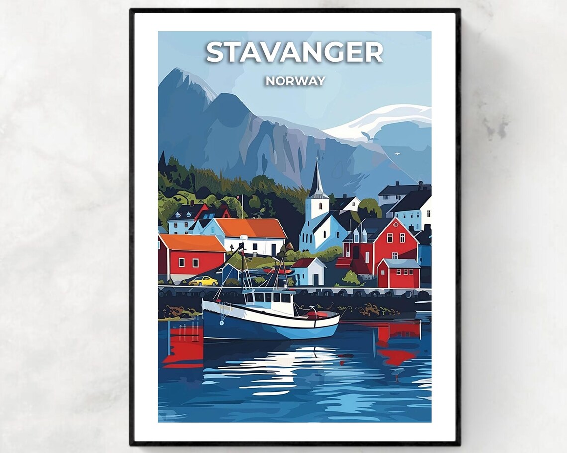 Stavanger Norway Red Boathouse Harbor Fishing Boat Travel Poster