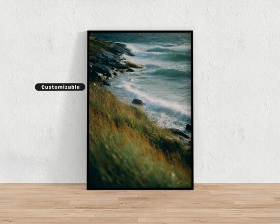 Rocky Coastline Ocean Waves Grassy Dunes Moody Coastal Wall Print