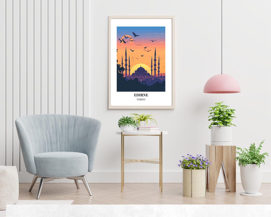 Edirne Turkey Grand Mosque Silhouette Birds at Sunset Travel Poster - Image 2