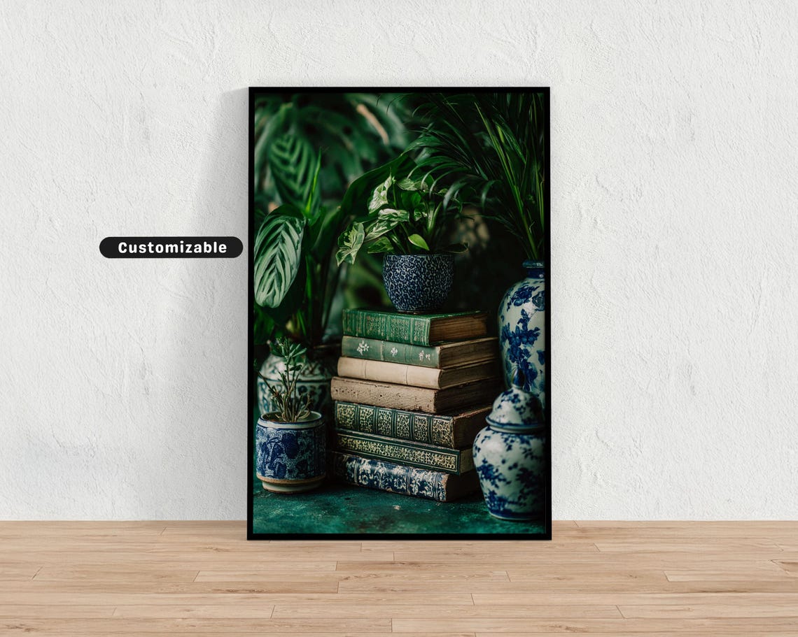 Vintage Books Stack Porcelain Vases Green Plants Moody Library Poster