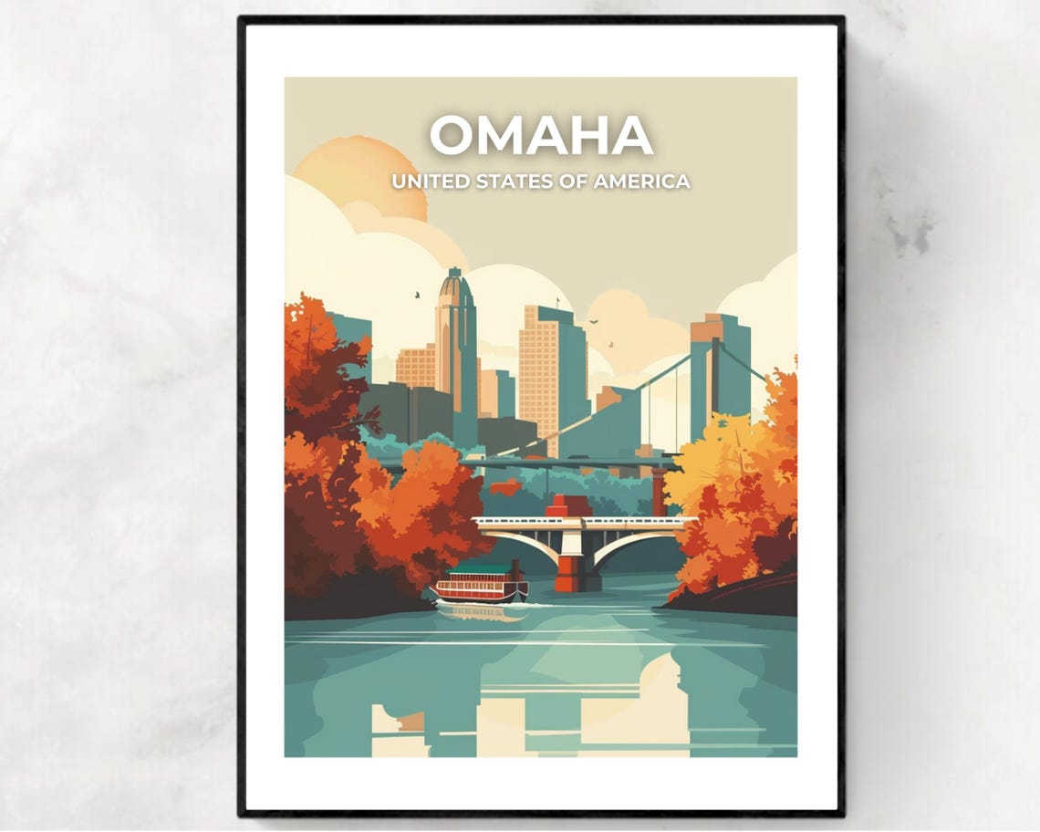 Omaha Nebraska Autumn Riverfront Skyline On Image Title Travel Poster