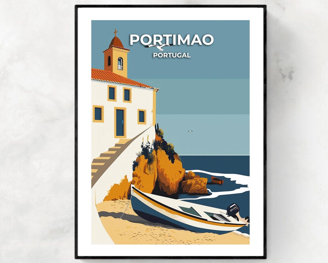 Portimao Portugal Cliffside Church Fishing Boat Beach Poster