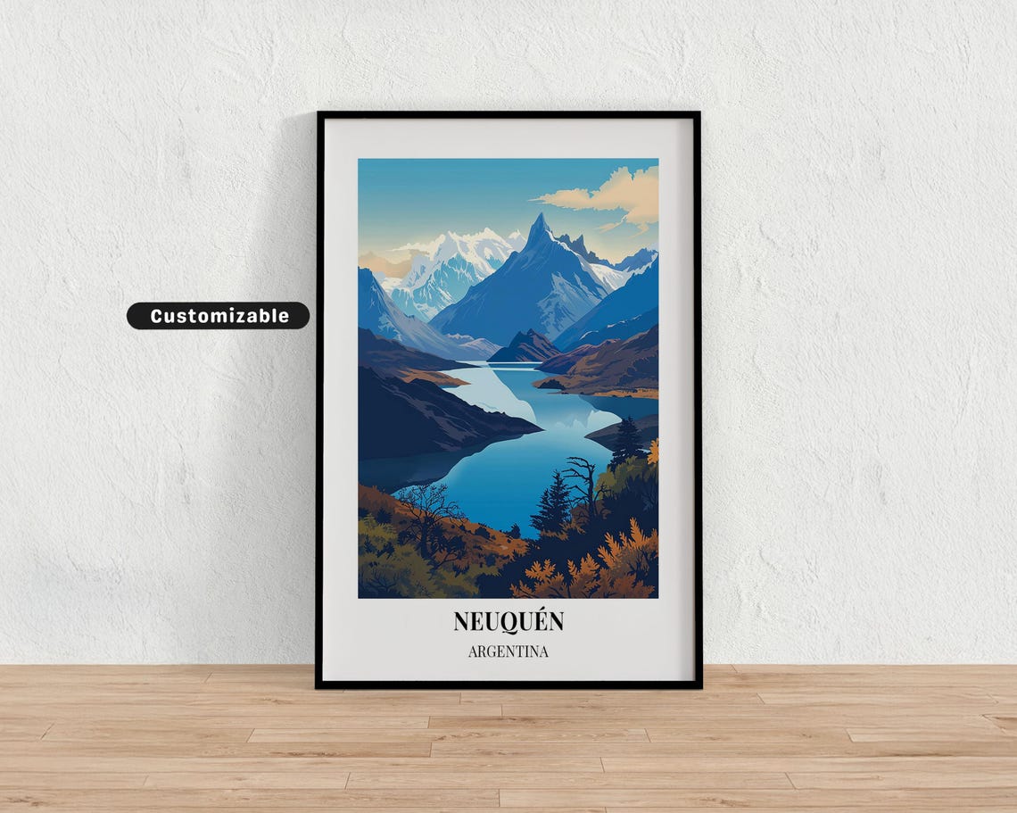 Neuquen Argentina Snowy Peaks Lake Autumn Retro Travel Poster