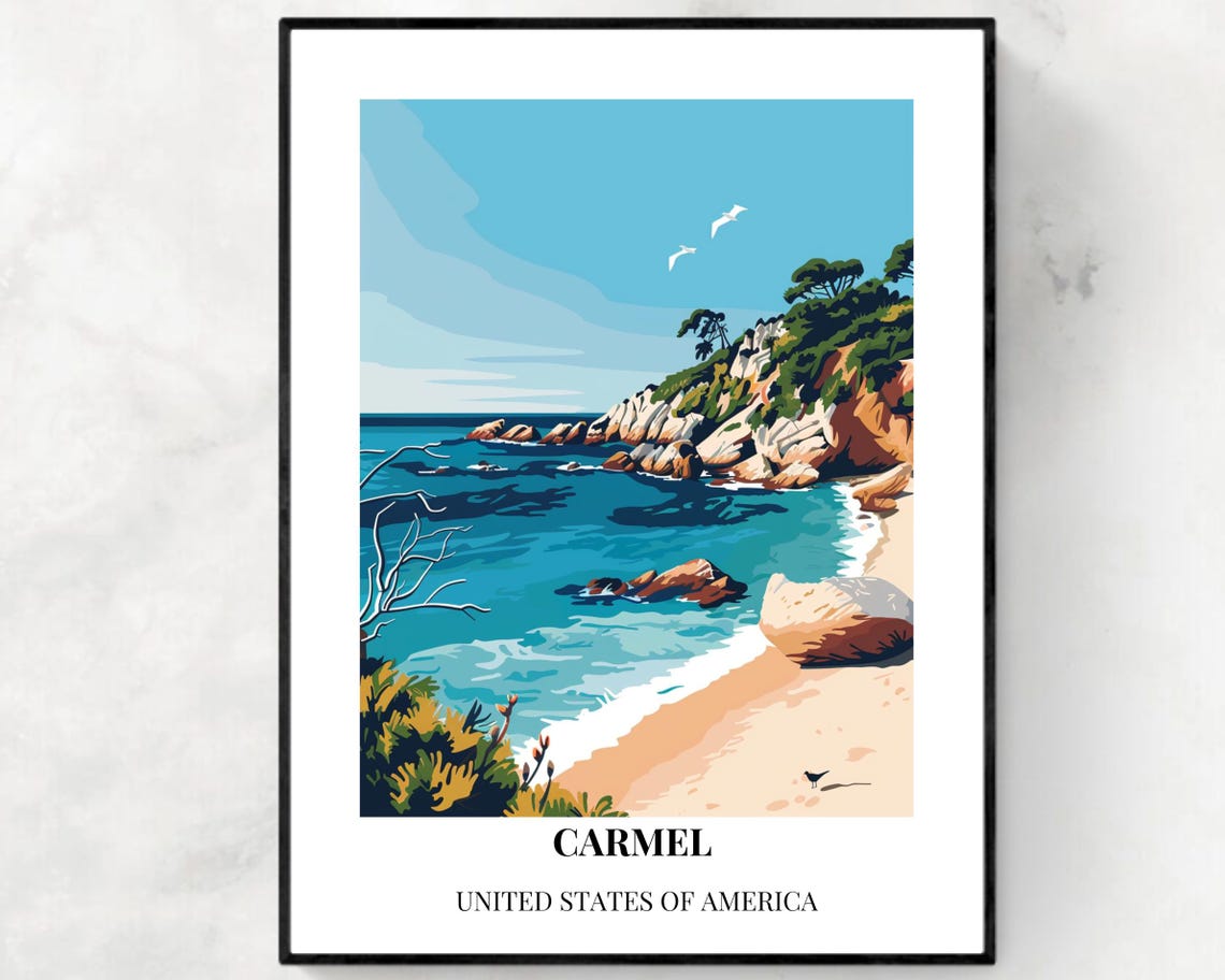 Carmel California Rocky Cove Beach Sunset Style Travel Poster