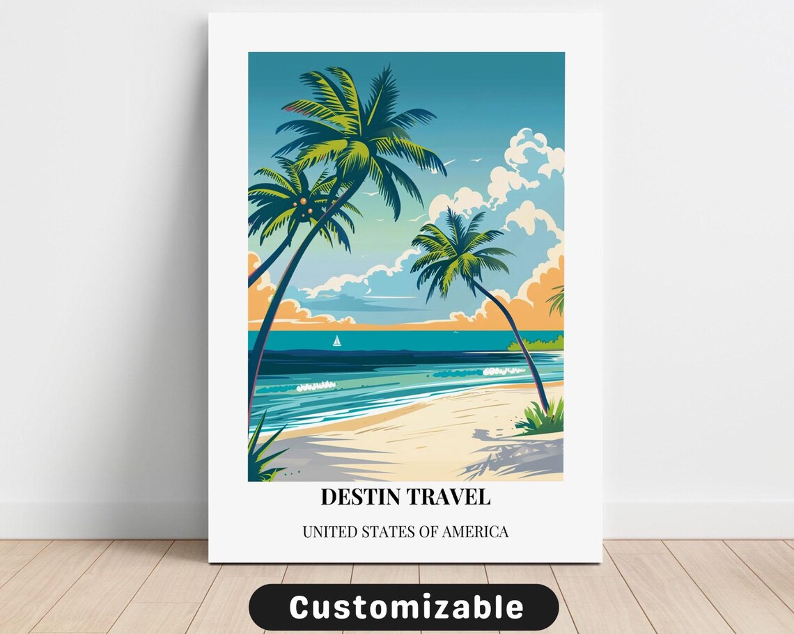 Destin Florida Travel Palm Beach Illustration Coastal Poster