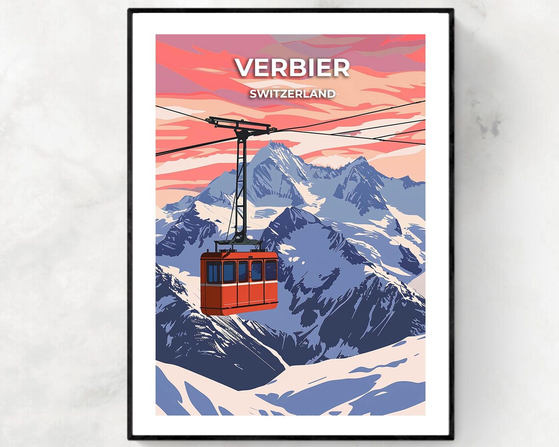 Verbier Switzerland Cable Car Alpine Peaks Sunset Travel Poster