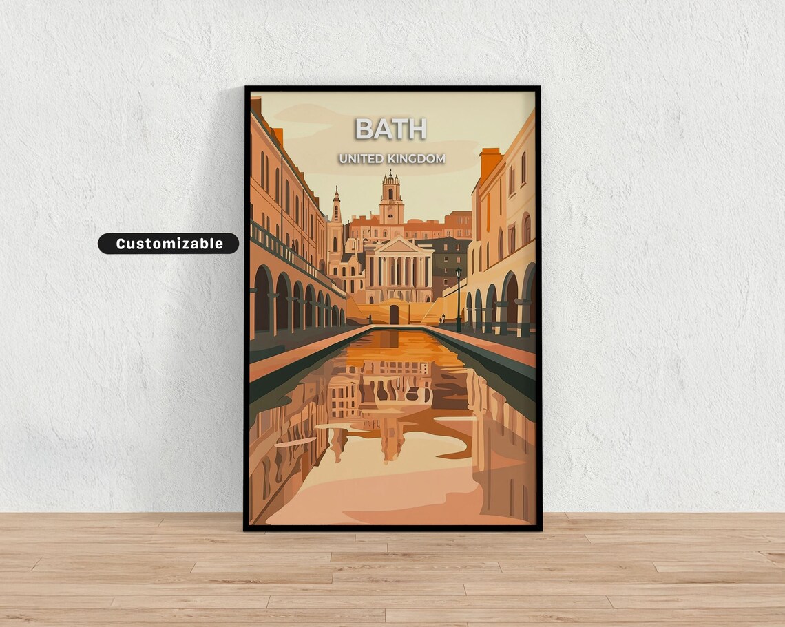 Bath United Kingdom Roman Baths Reflection Vintage Travel Poster