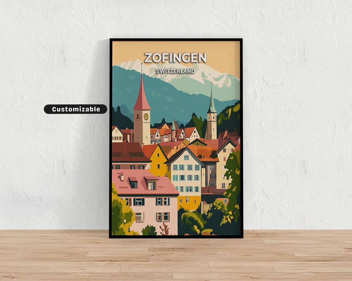 Zofingen Switzerland Old Town Travel Poster with Alps Mountains