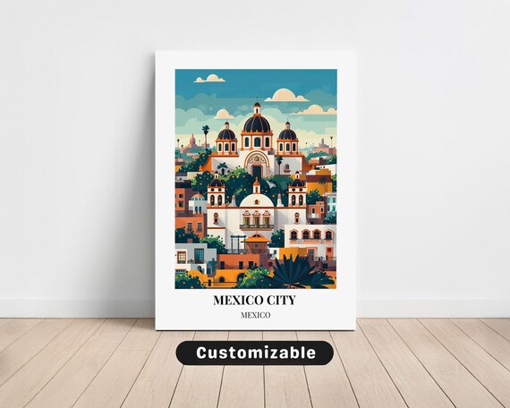 Mexico City Colonial Cathedral Domes Colorful Landmark Travel Poster