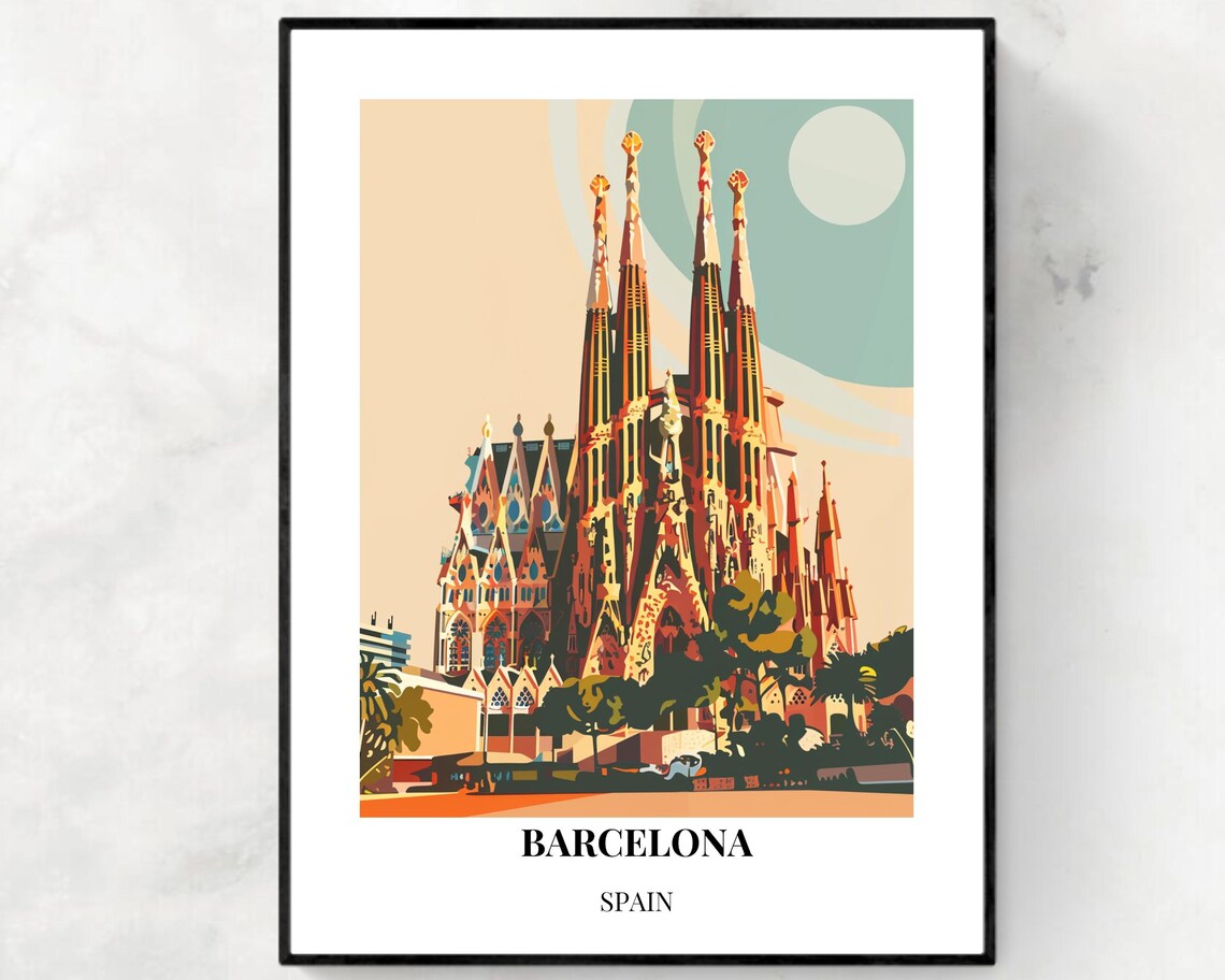 Barcelona Spain Sagrada Familia Warm Sunset Glow Travel Poster