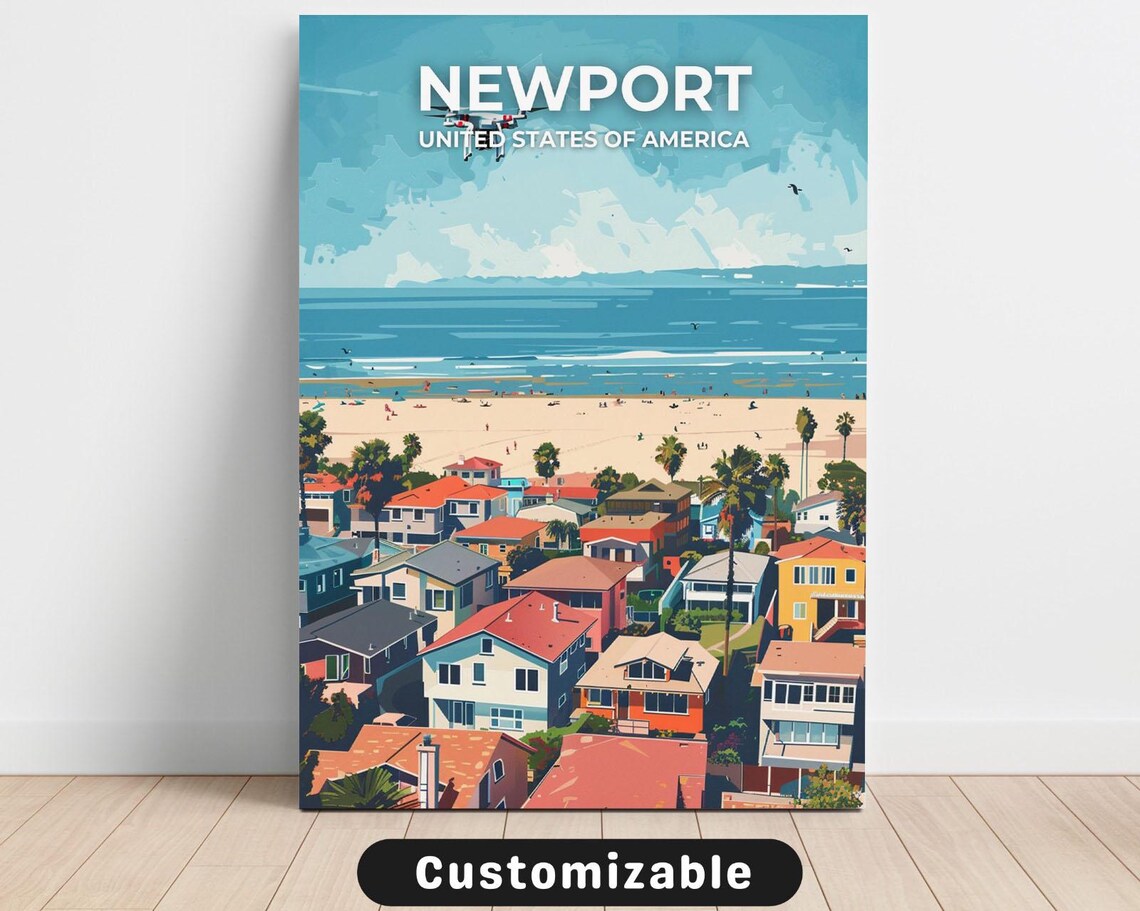 Newport Seaside Beach Town Waves Retro Vintage Travel Poster