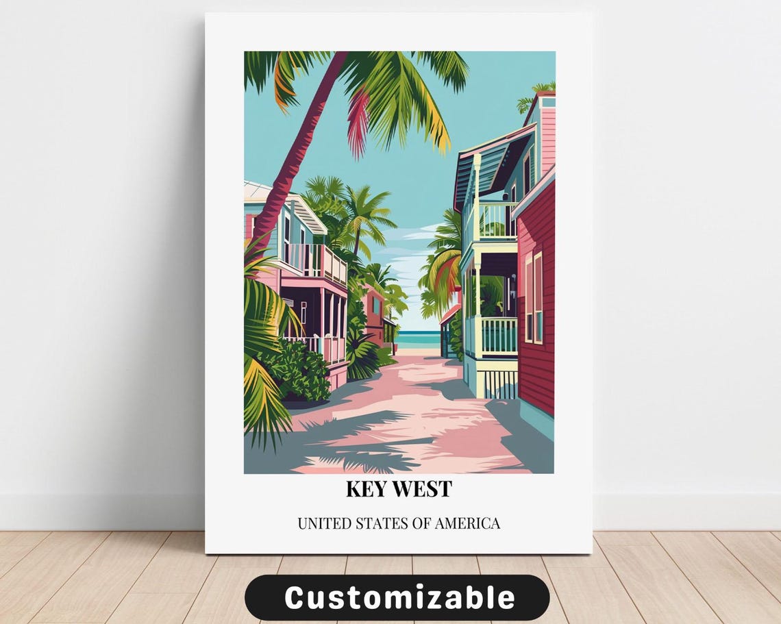 Key West Florida Beach Lane Pastel Houses Minimalist Travel Poster