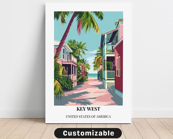 Key West Florida Beach Lane Pastel Houses Minimalist Travel Poster