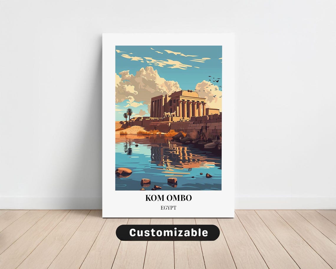 Kom Ombo Egypt Temple Reflection Still Blue Water Travel Poster