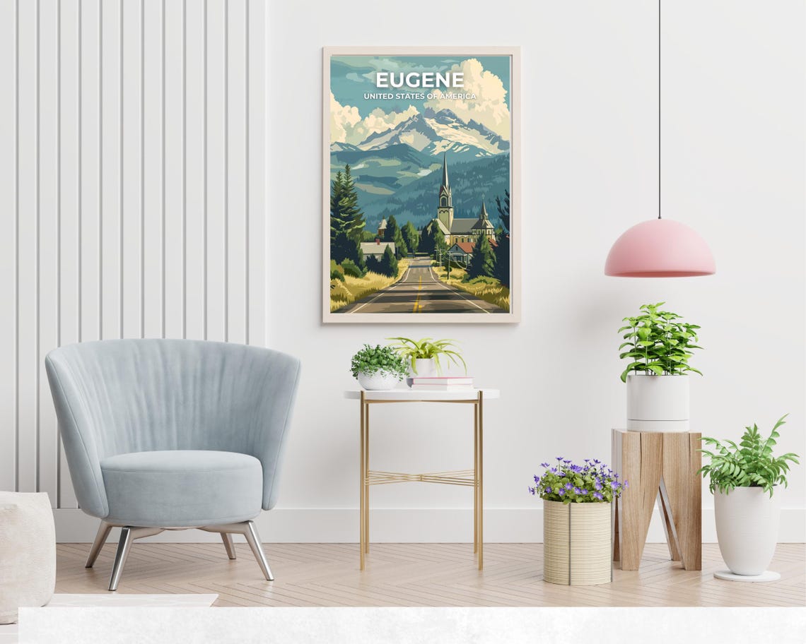 Eugene Mountain Valley Full Bleed Top Text Scenic Travel Poster - Image 2