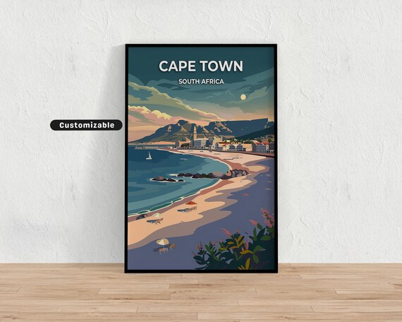 Cape Town South Africa Beach Poster Table Mountain Sunset Travel Art