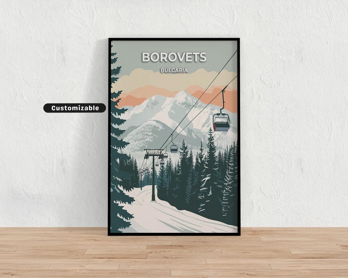 Borovets Bulgaria Ski Gondola Snowy Slopes Pine Forest Travel Poster