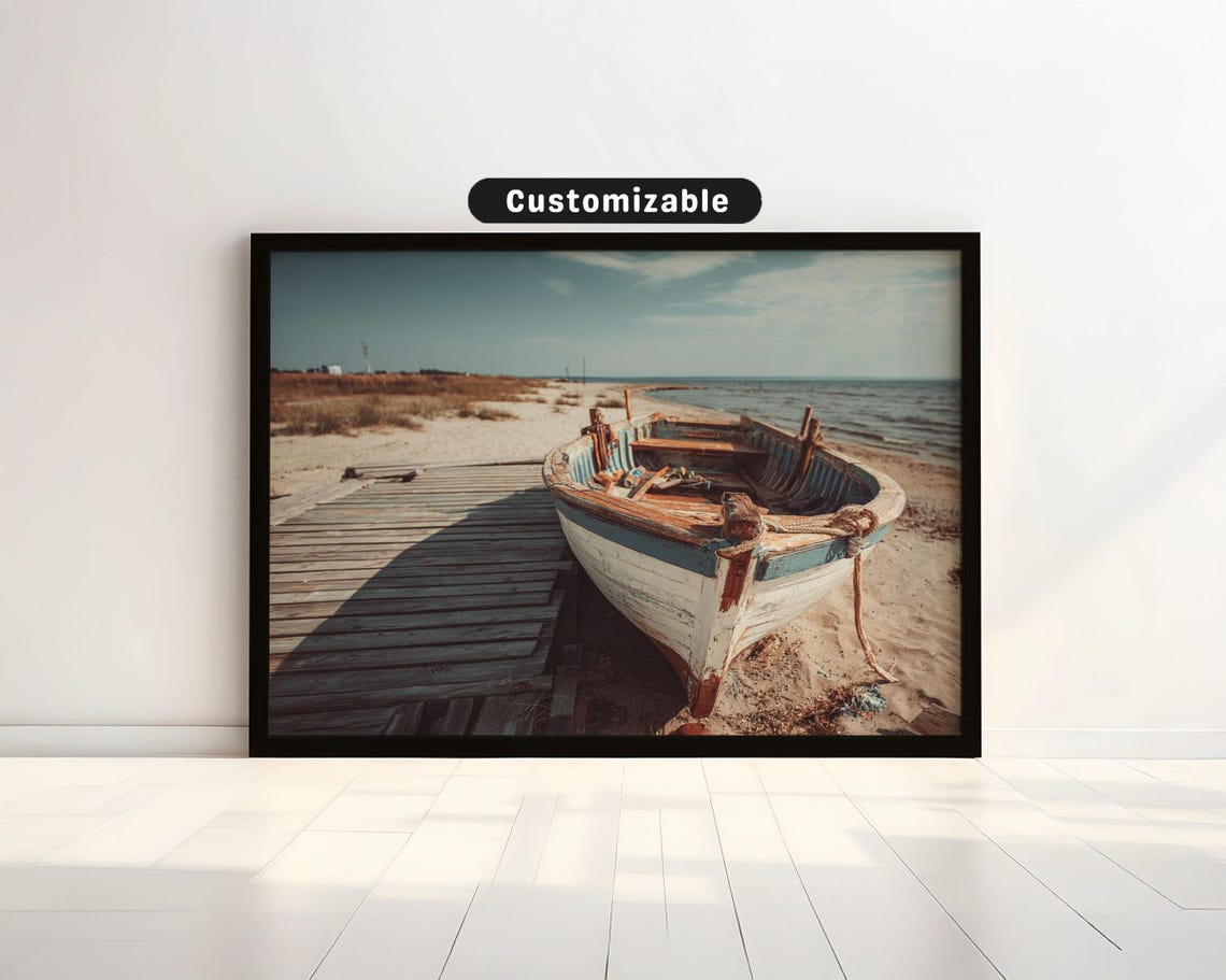 Vintage Wooden Boat Docked Sandy Beach Nostalgic Photo Poster
