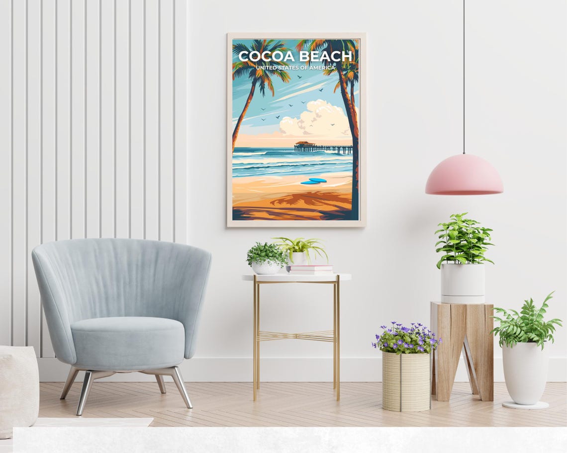 Cocoa Beach Florida Palm Trees Pier Top Caption Travel Poster - Image 2
