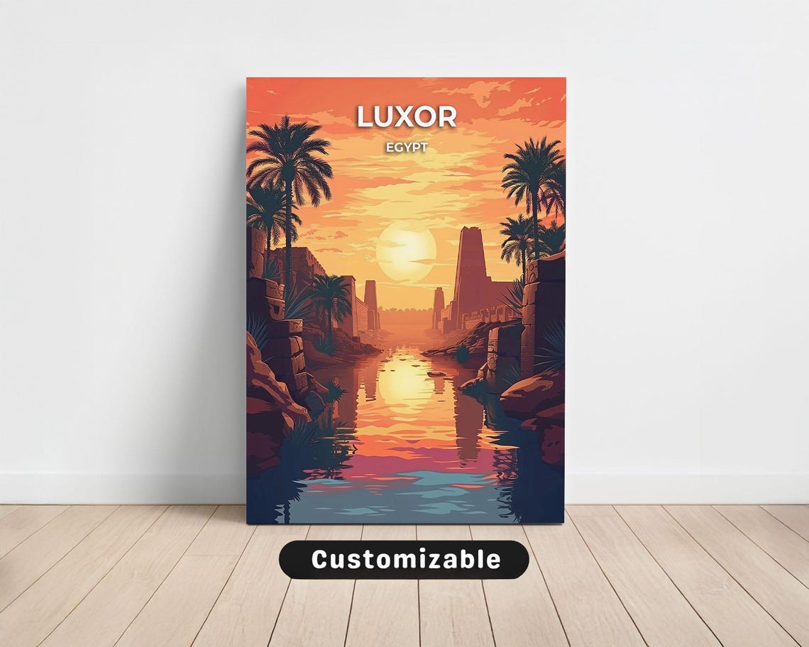 Luxor Egypt Sunset Temple Ruins River Reflection Vintage Travel Poster