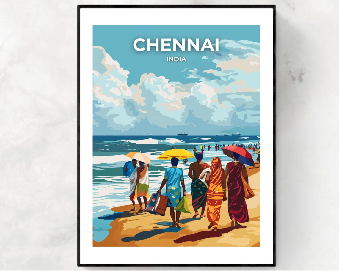 Chennai India Marina Beach Umbrellas Crowded Shore Travel Poster