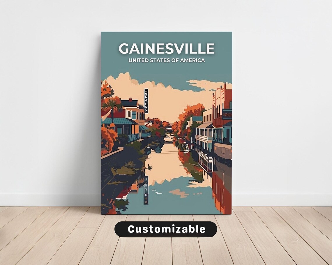 Gainesville Florida Vintage Downtown Street Canal Scene Travel Poster
