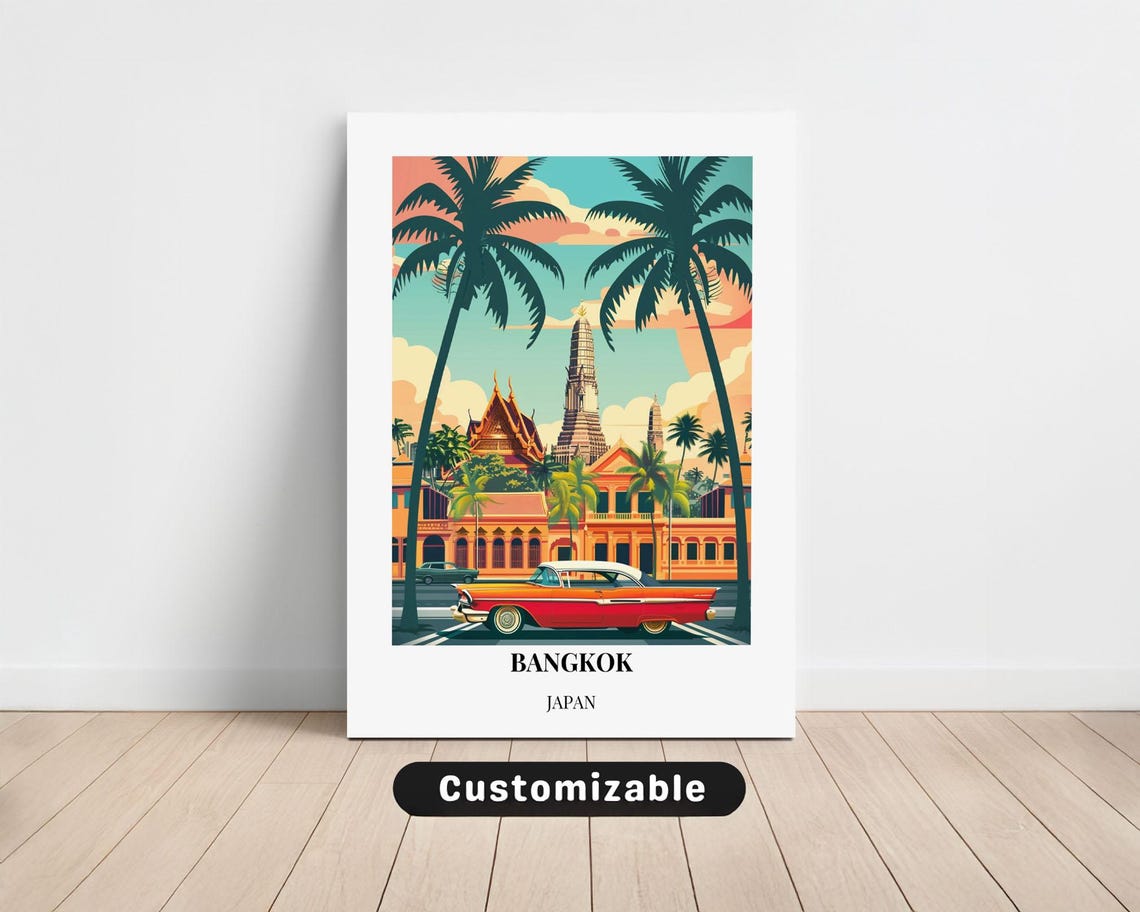 Bangkok Thailand Temples Palms Classic Car Minimalist Travel Poster