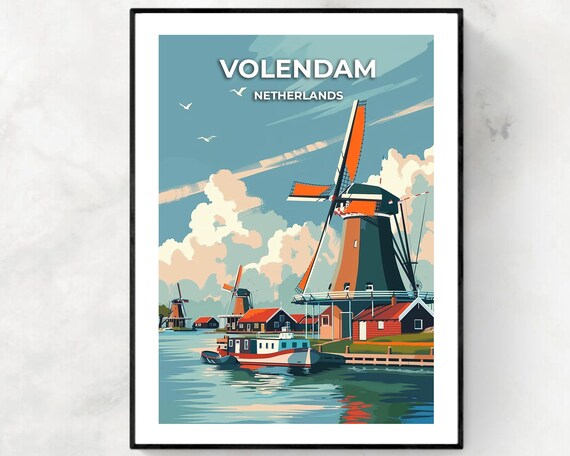 Volendam Netherlands Windmill Harbor Vintage Travel Illustration Poster