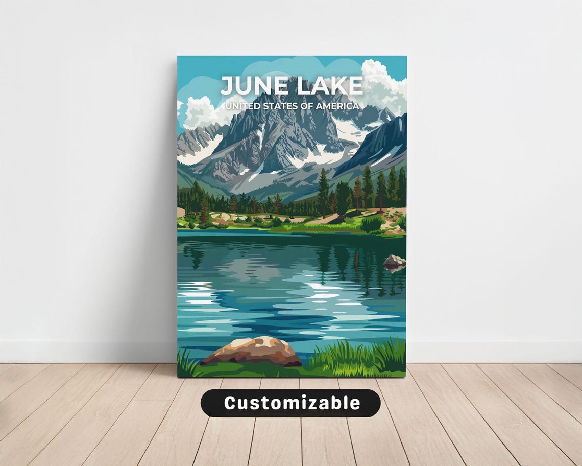 June Lake Sierra Mountain Reflection Lake Vector Travel Poster