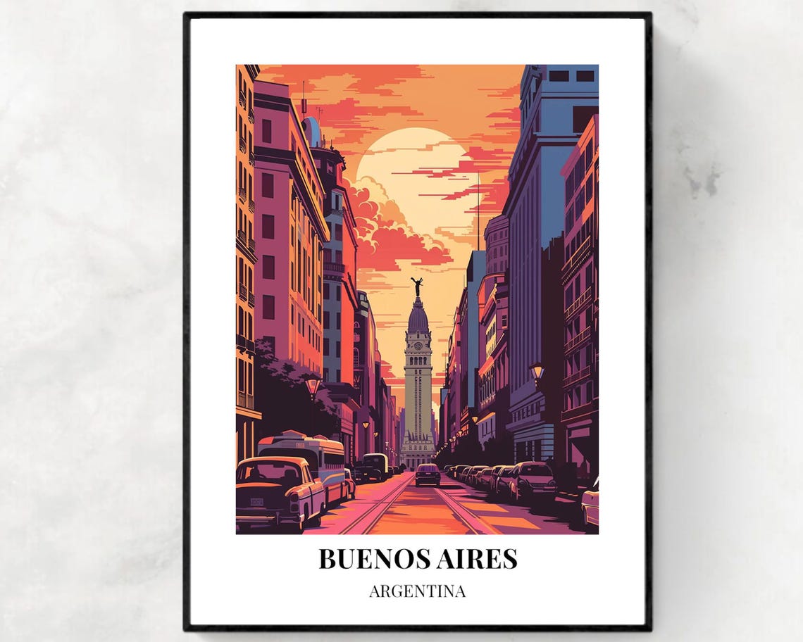 Buenos Aires Argentina Sunset Street Scene with Clock Tower Poster
