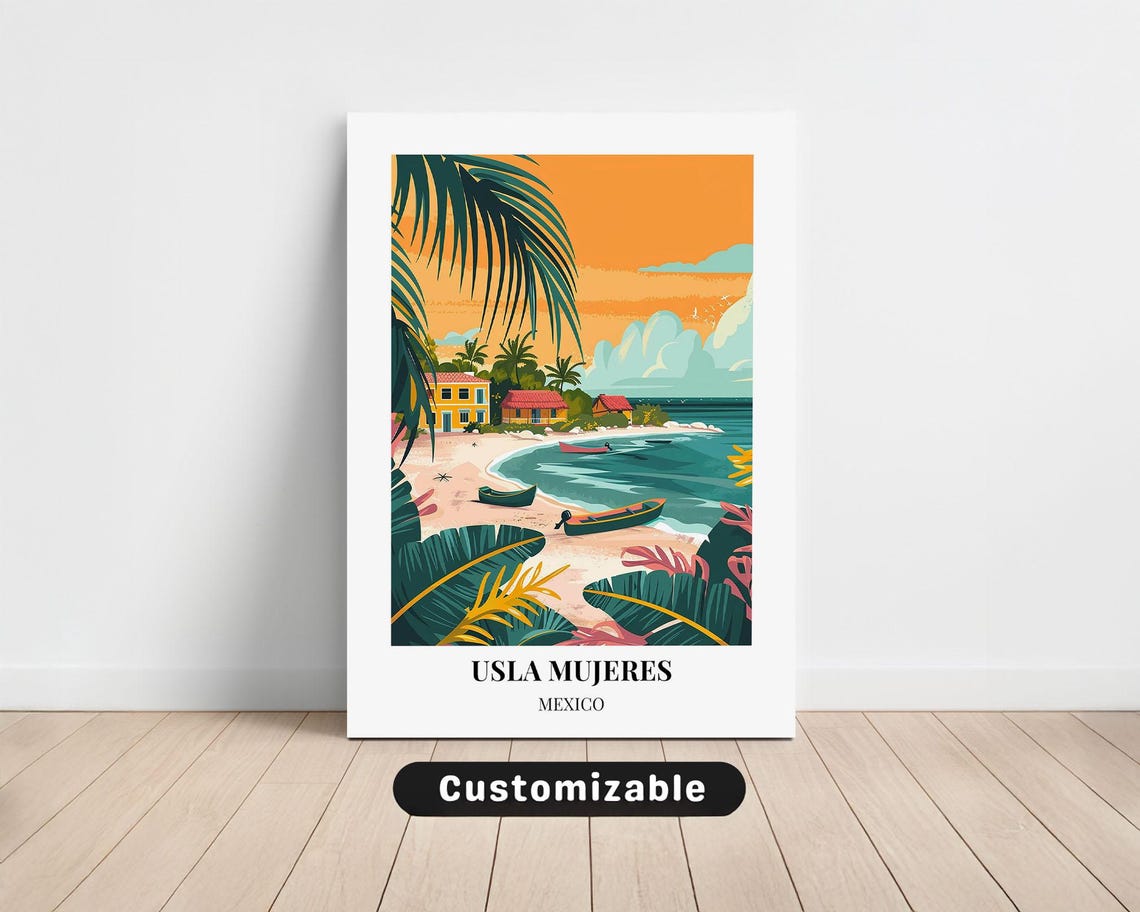 Isla Mujeres Mexico Tropical Beach Boats Palm Trees Sunset Poster