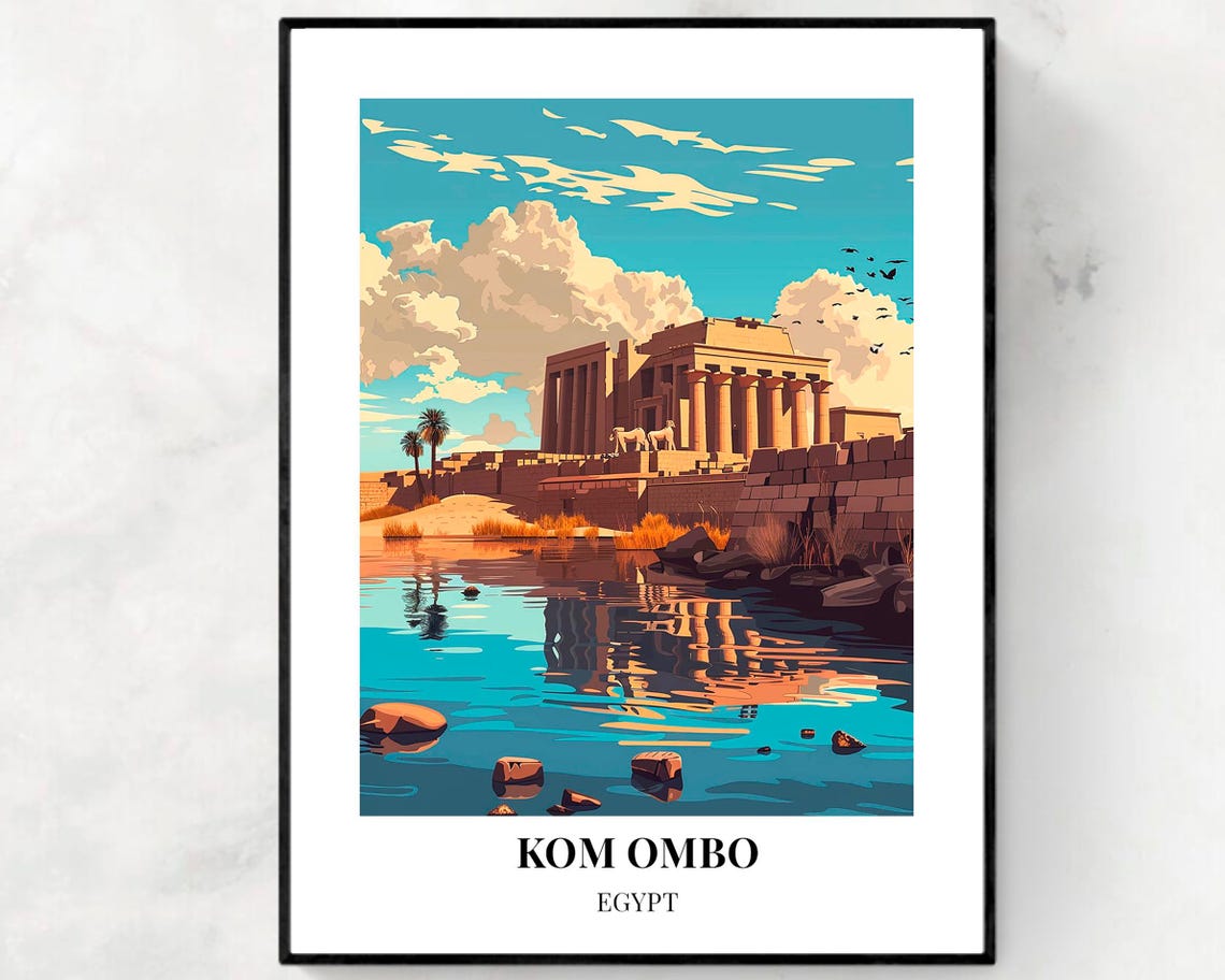 Kom Ombo Egypt Nile Temple River Vintage Travel Poster Scene
