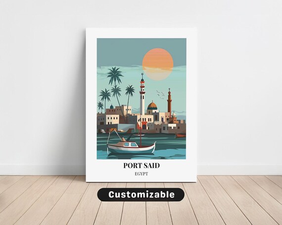 Port Said Egypt Waterfront Minarets Fishing Boat Sunset Poster
