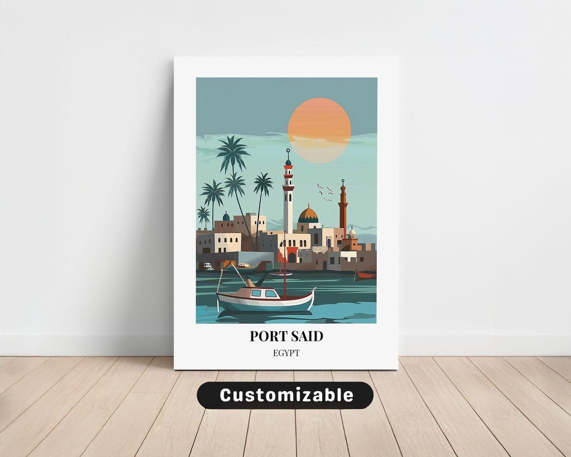 Port Said Egypt Waterfront Minarets Fishing Boat Sunset Poster