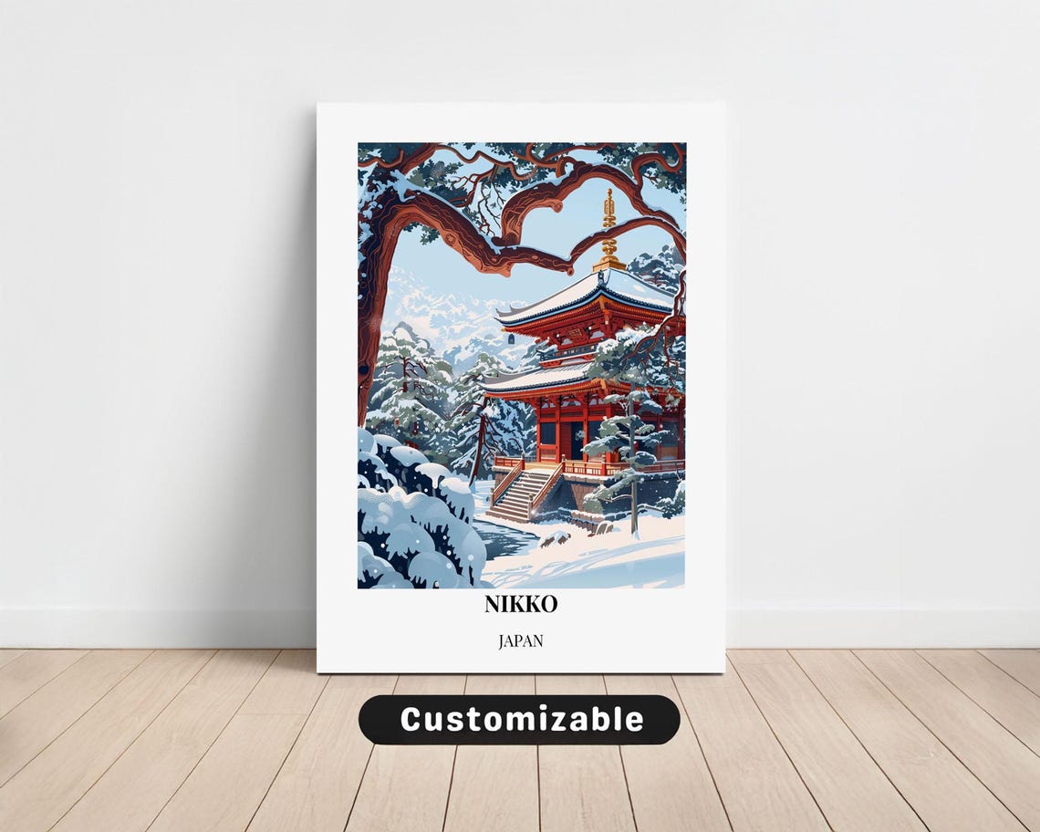 Nikko Japan Winter Snow Temple Frosted Pine Scene Travel Poster