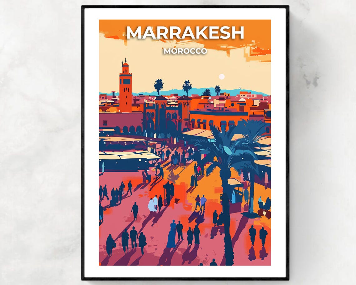 Marrakesh Jemaa El Fnaa Square With Koutoubia Morocco Travel Poster