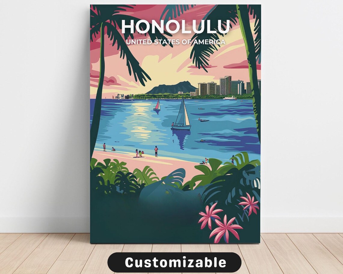 Honolulu Hawaii Vintage Travel Poster Sunset Sailboats Beach Scene Decor