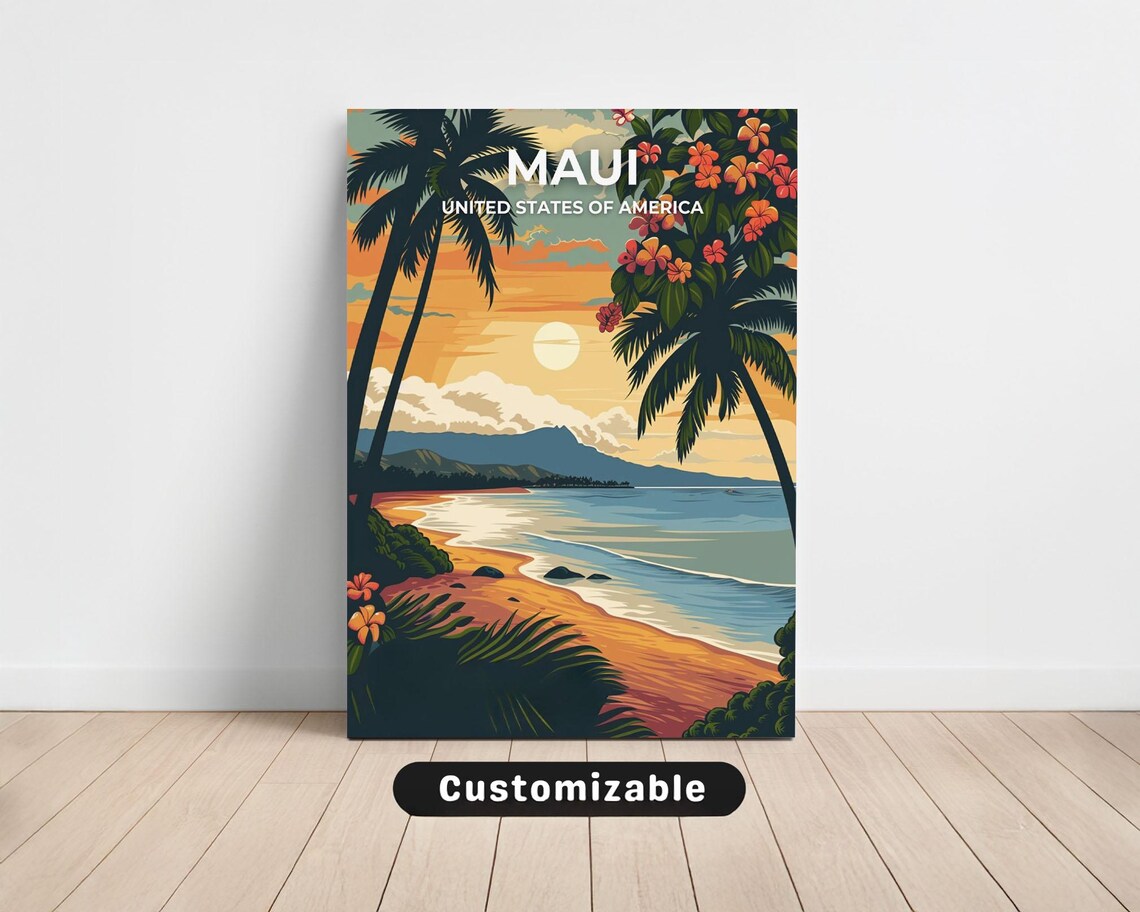 Maui United States of America Sunset Beach Palm Trees Tropical Travel Poster