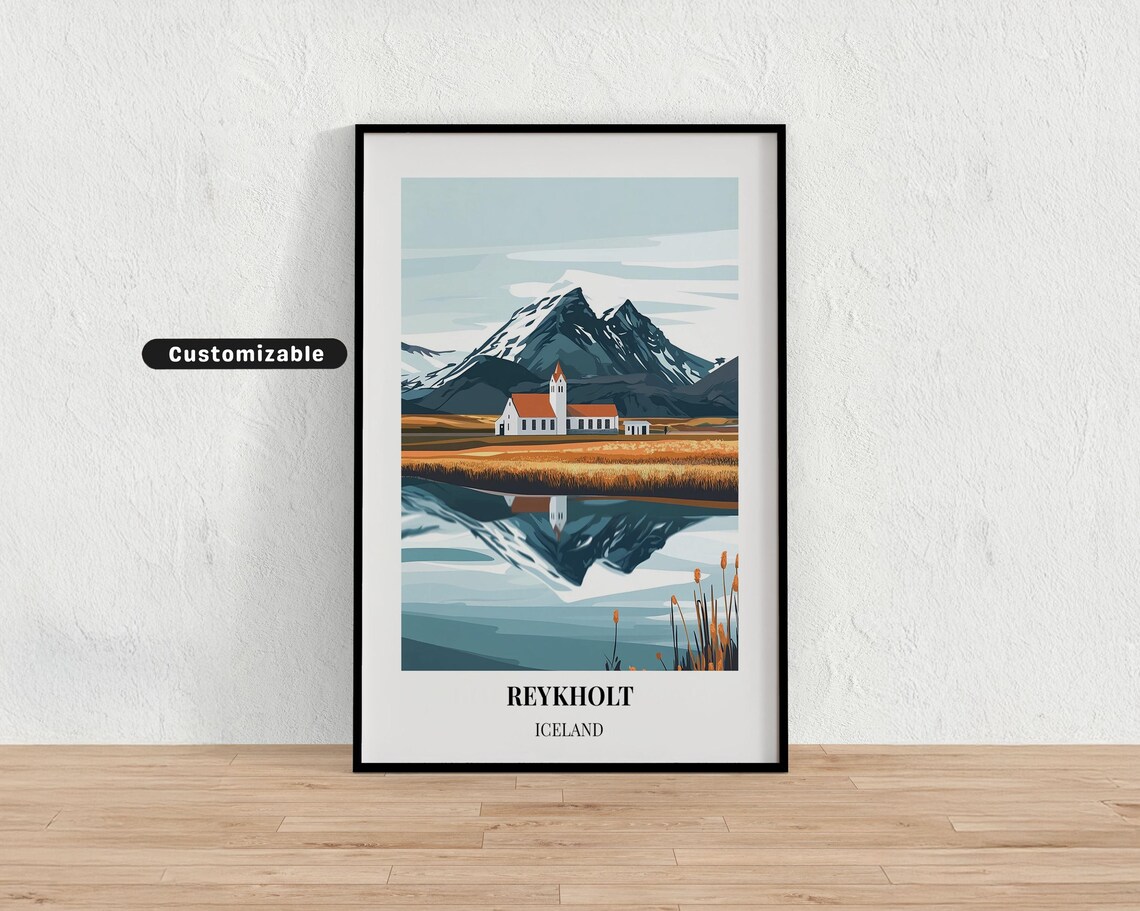 Reykholt Iceland Red Roof Church Mountain Lake Reflection Poster