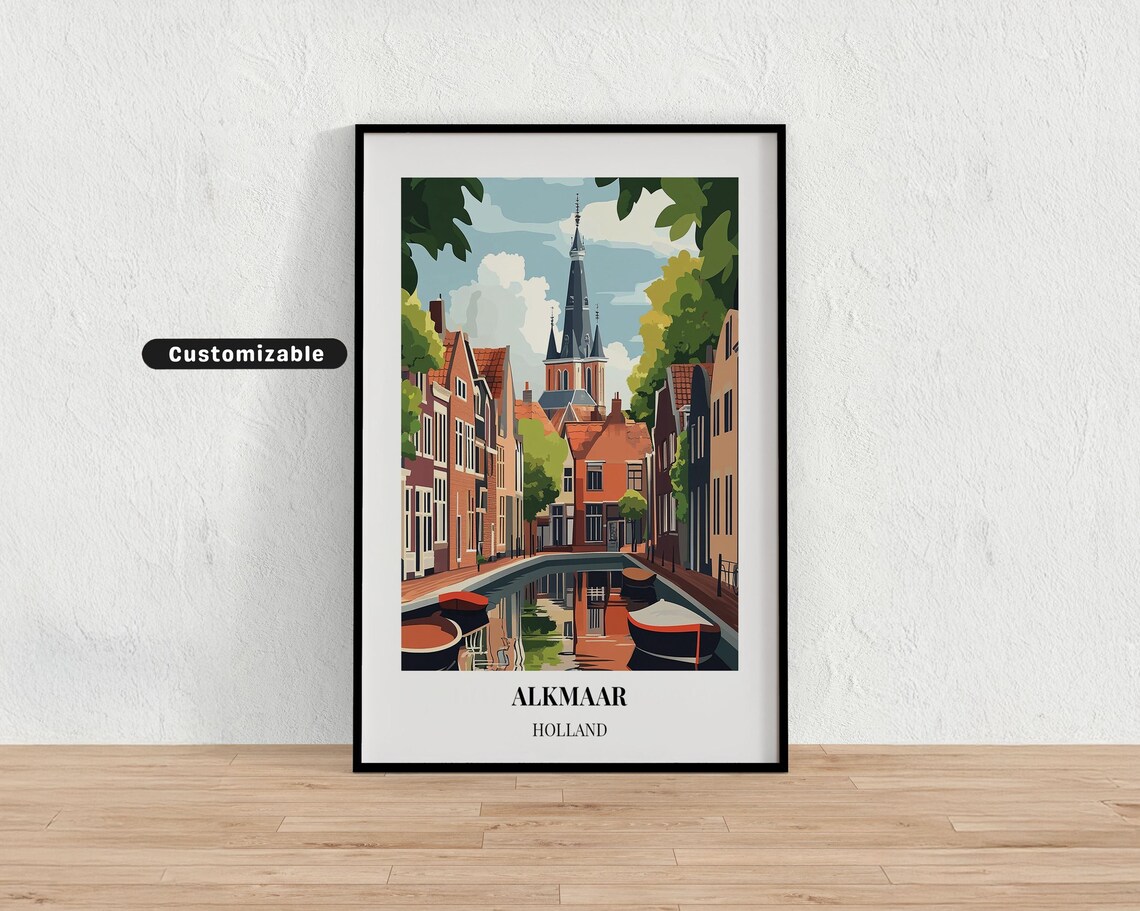 Alkmaar Holland Canal Church Spire Rowboat Scene Travel Poster