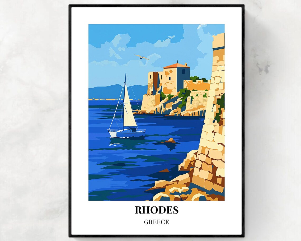 Rhodes Greece Medieval Castle Harbor Sailboat Vintage Travel Poster