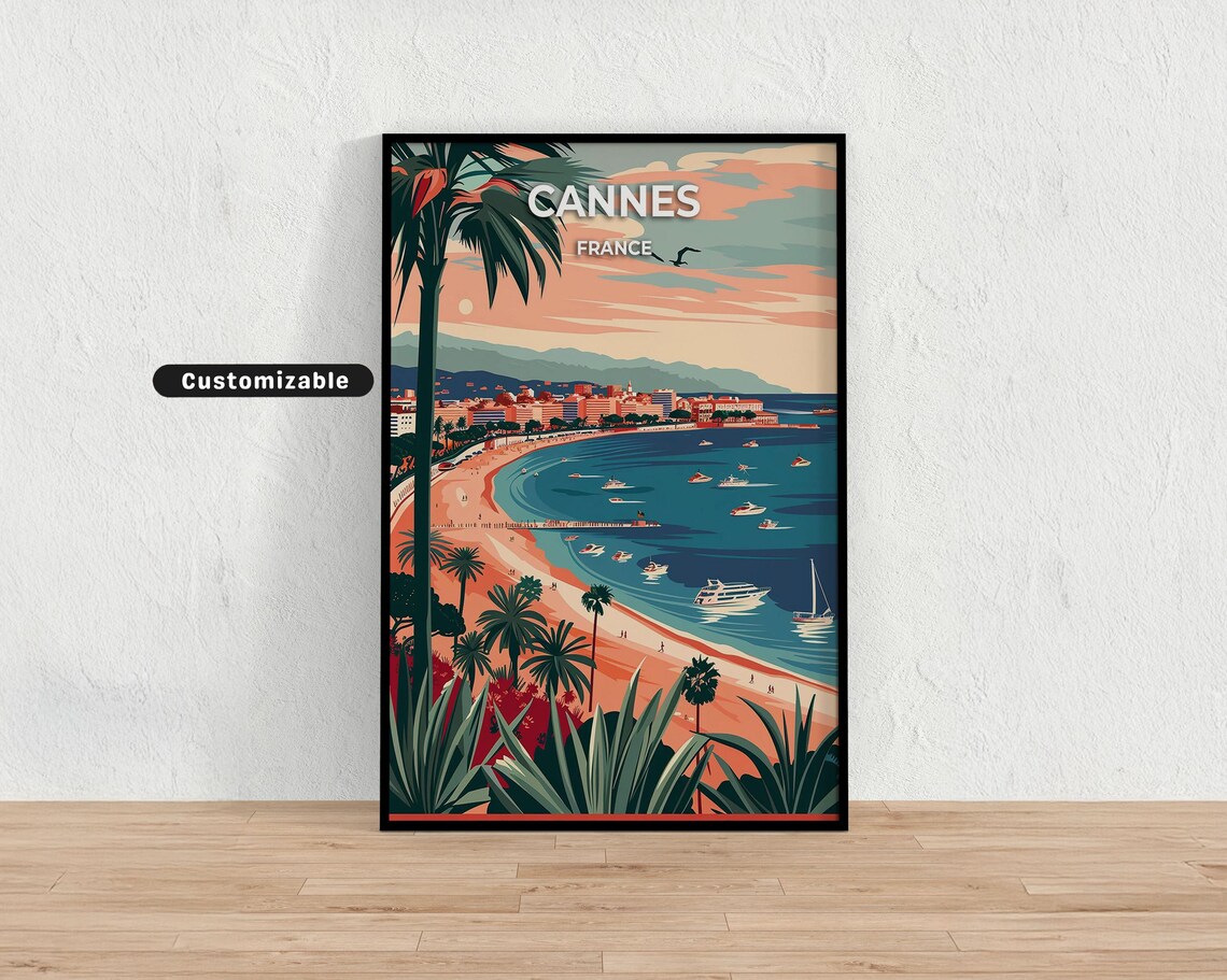 Cannes France French Riviera Sunset Bay Coast Retro Travel Poster
