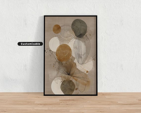 Neutral Abstract Art With Linework And Floating Organic Shapes Wall Print Minimalist Modern Decor