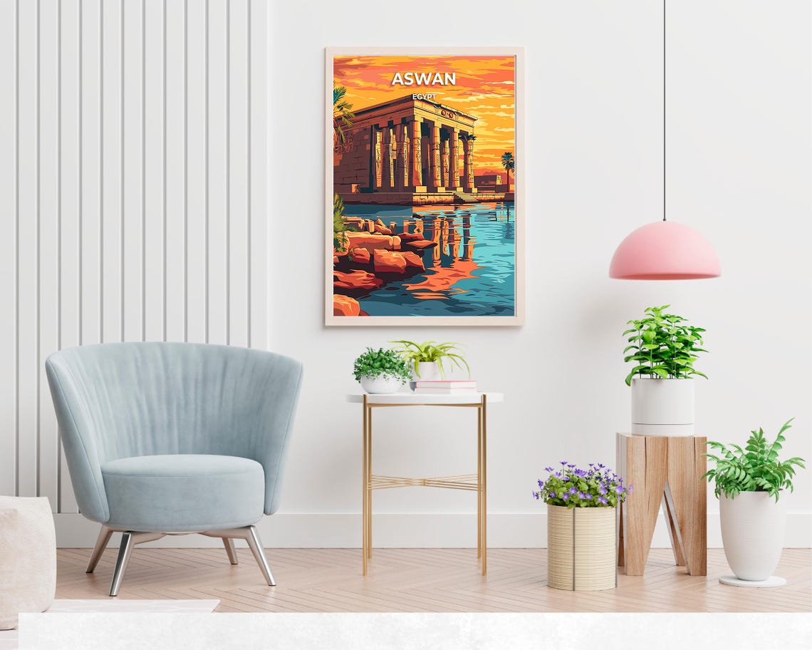 Aswan Egypt Philae Temple Sunset Orange Sky Reflection Travel Poster - Image 2