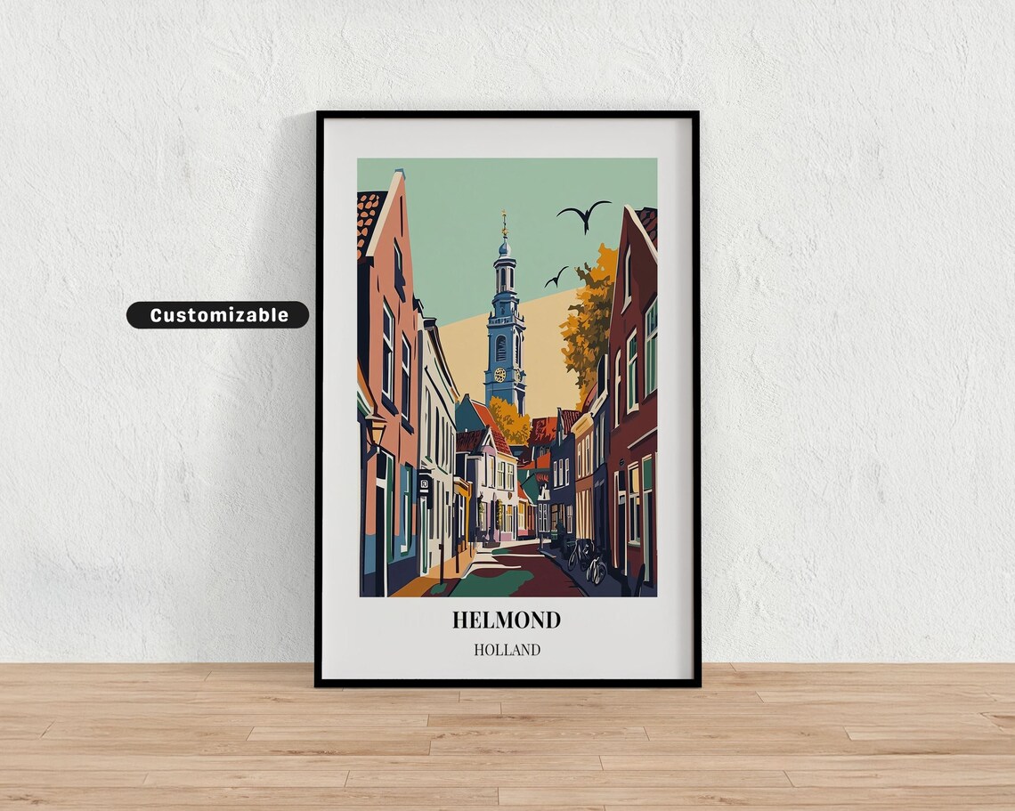 Helmond Holland Autumn Street Church Tower Vintage Travel Poster
