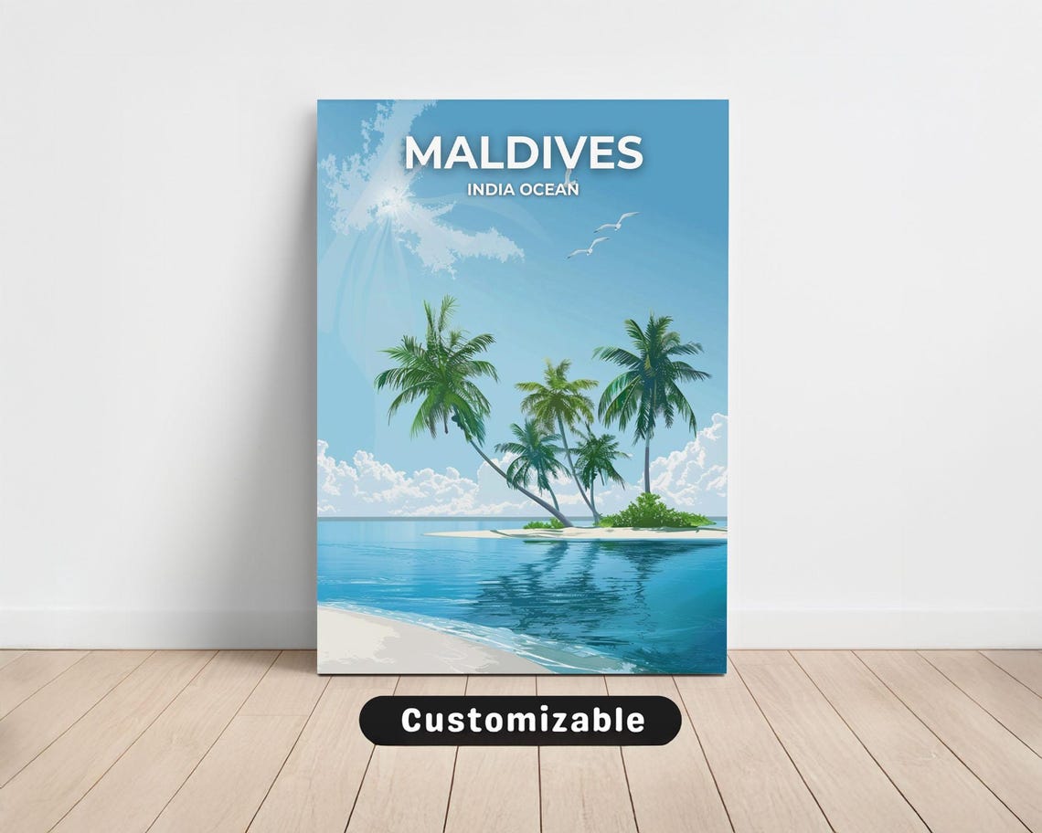 Maldives Tropical Island Palm Trees Turquoise Sea Travel Poster