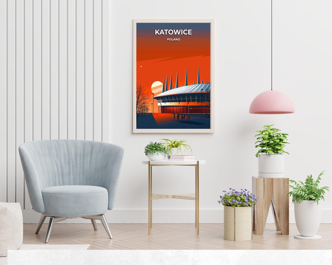 Katowice Poland Spodek Arena Sunset Orange Sky Scenic Poster - Image 2